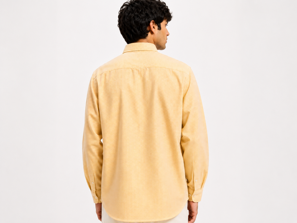 Men's Yellow Gingham Micro Checked Shirt – Cotton Button-Down Casual Shirt