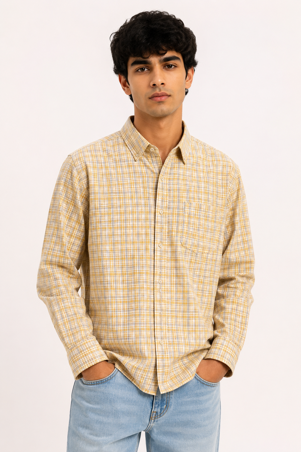 Men’s Classic Beige & Yellow Checked Casual Shirt