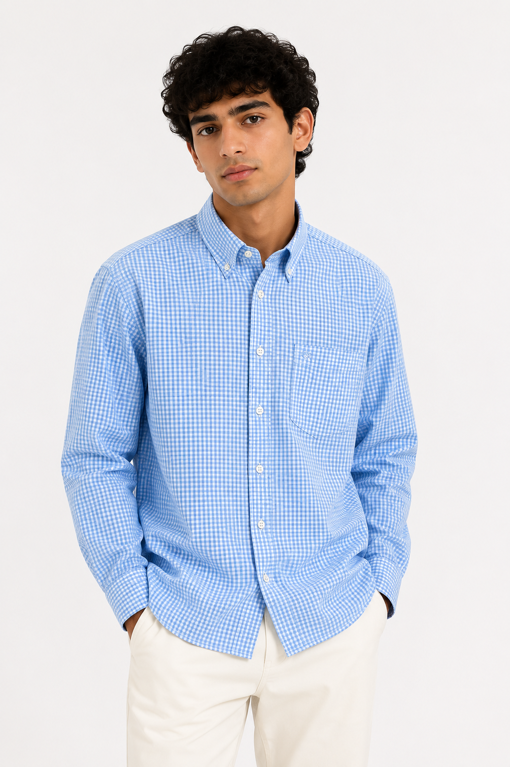 Sky Blue Micro Check Cotton Button-Down Shirt