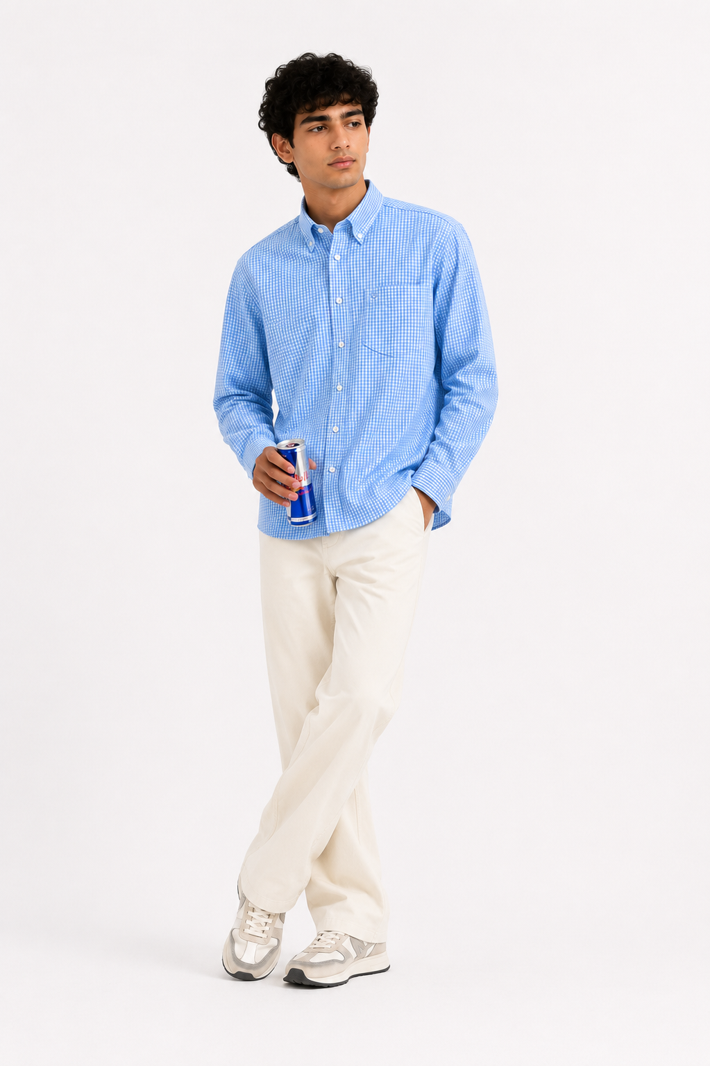 Sky Blue Micro Check Cotton Button-Down Shirt