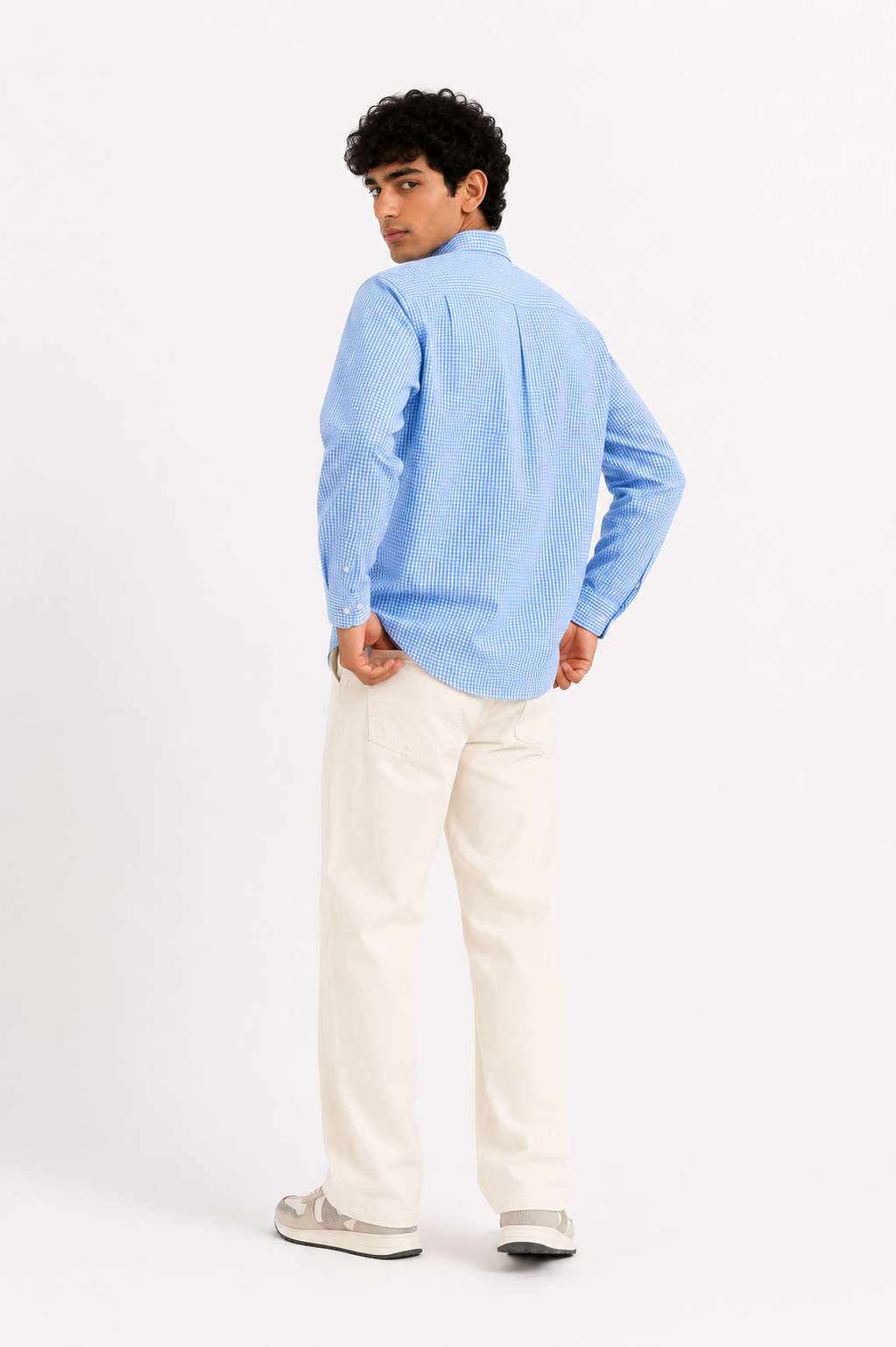 Sky Blue Micro Check Cotton Button-Down Shirt