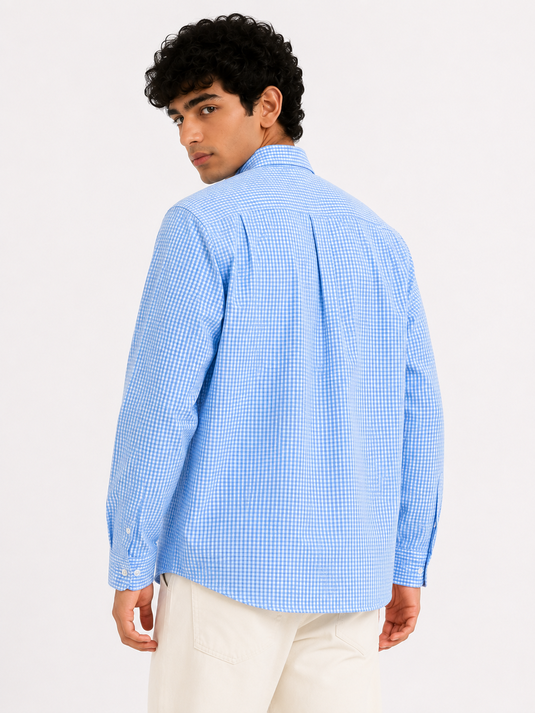 Sky Blue Micro Check Cotton Button-Down Shirt