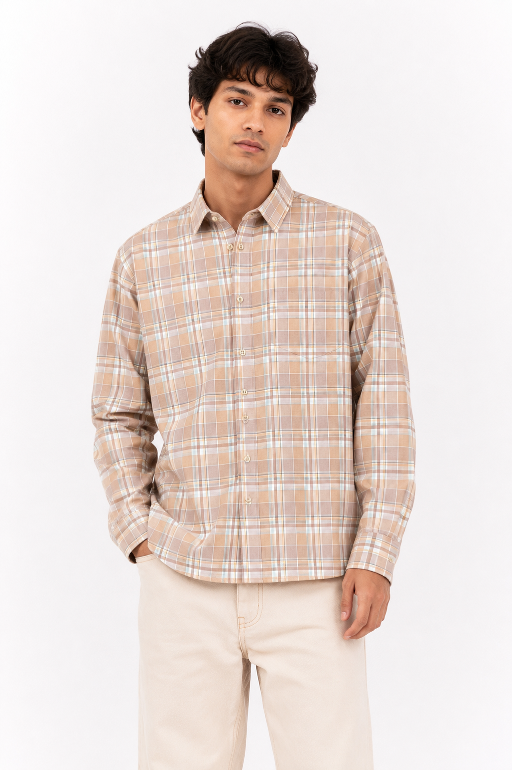 Beige Plaid Cotton Casual Shirt