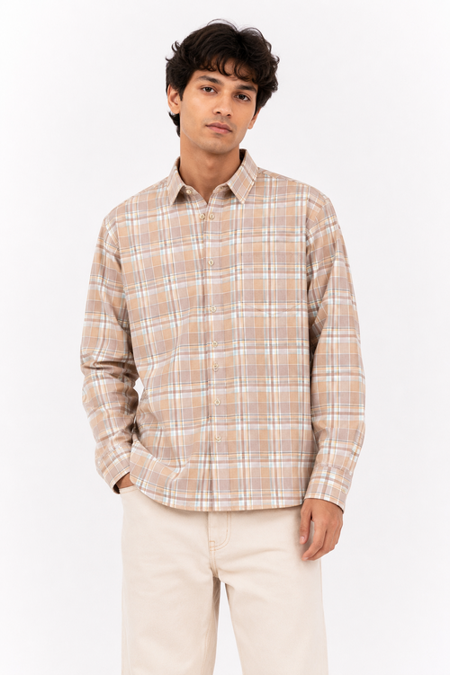Beige Plaid Cotton Casual Shirt