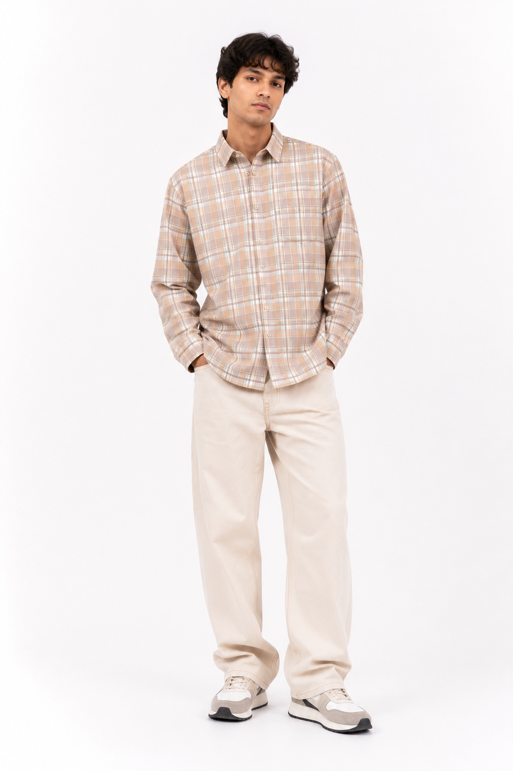 Beige Plaid Cotton Casual Shirt