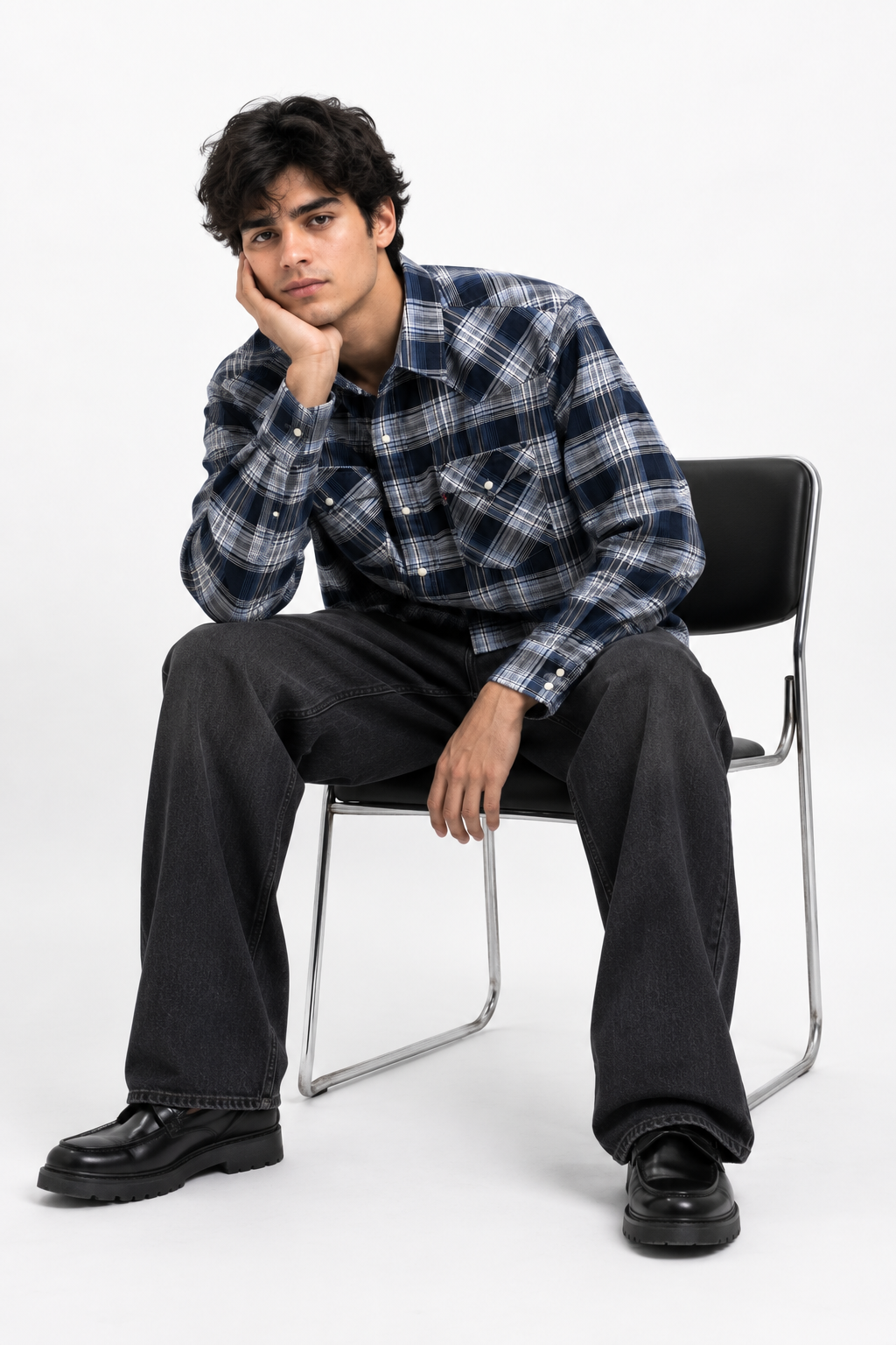 Navy Western Plaid Flannel Shirt