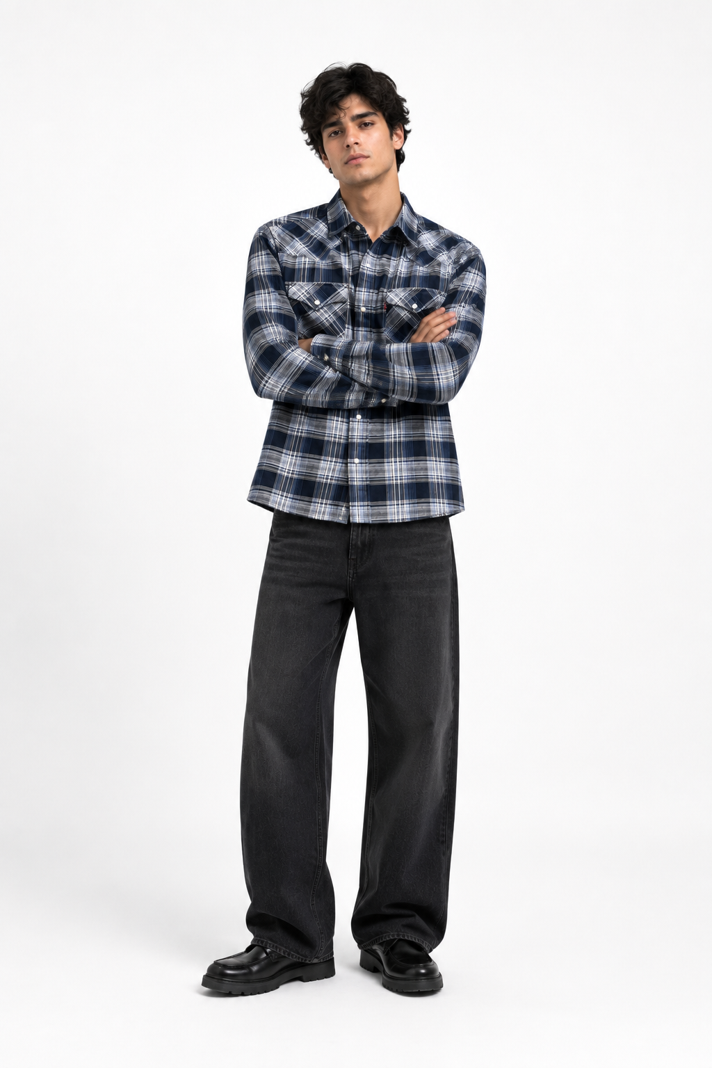 Navy Western Plaid Flannel Shirt