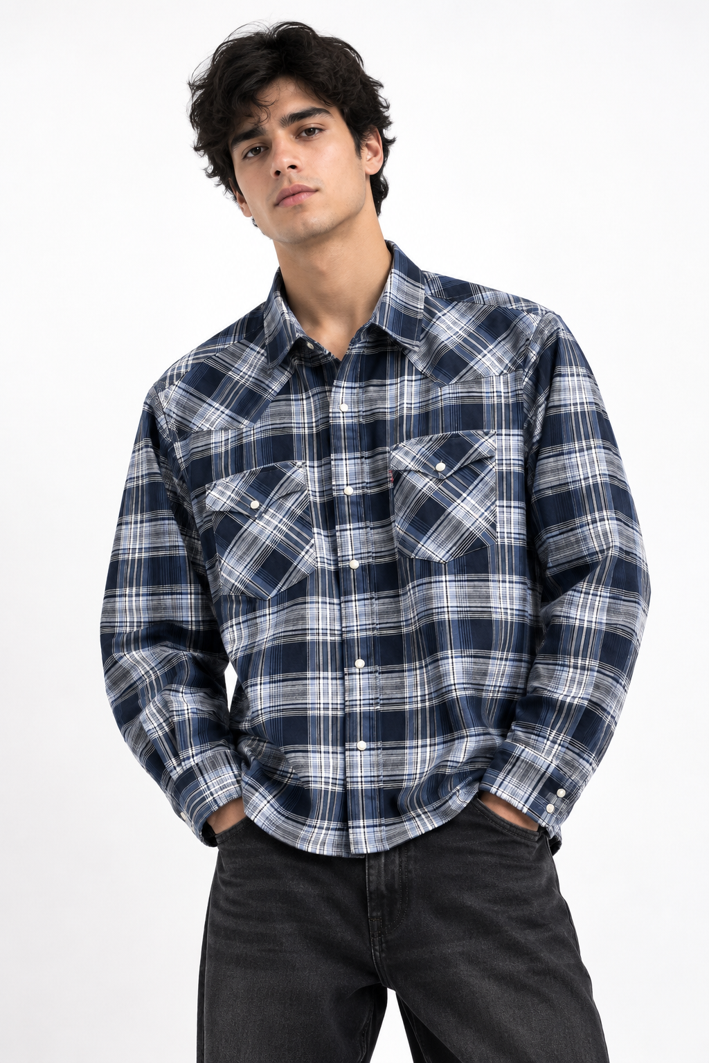 Navy Western Plaid Flannel Shirt