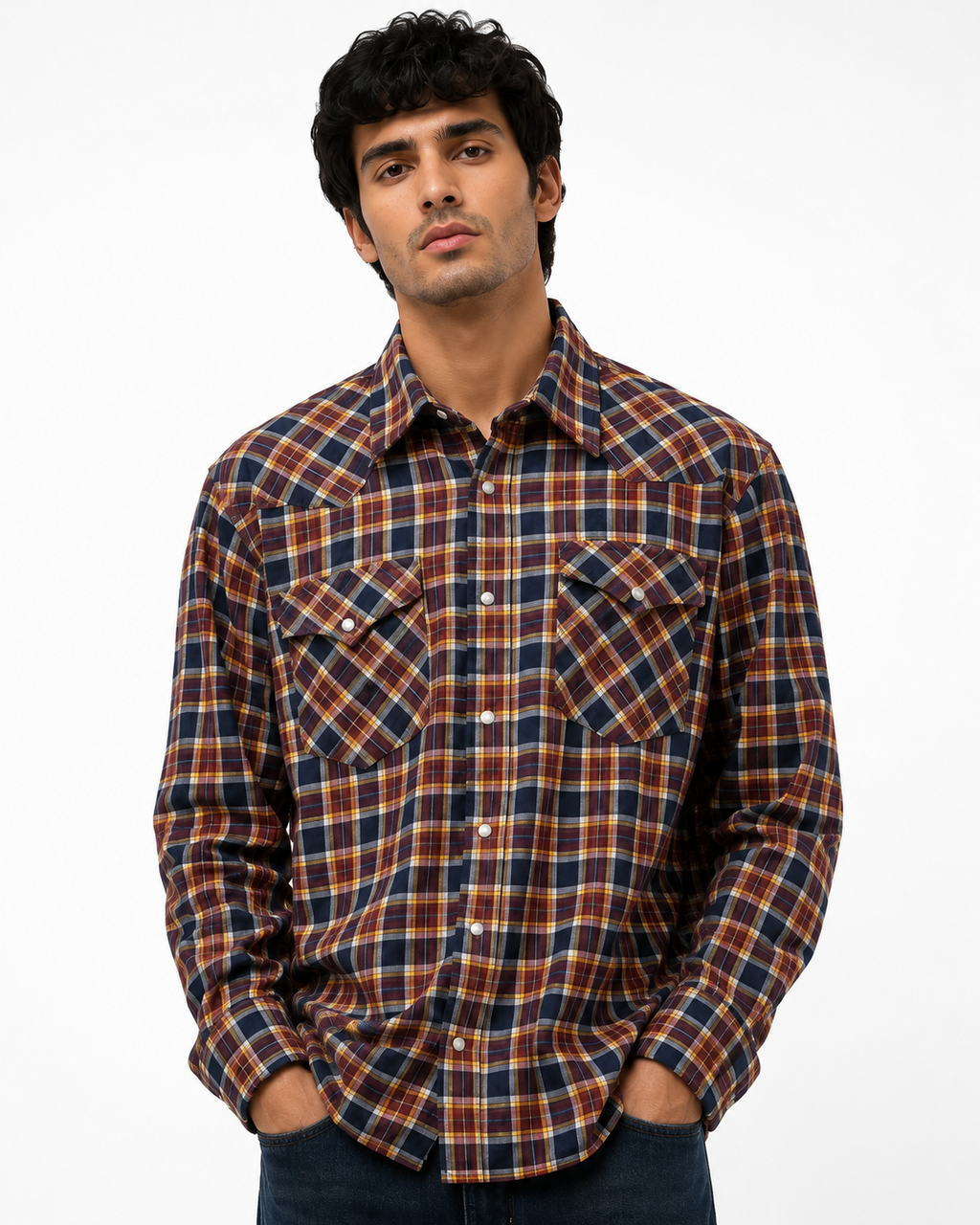Men's Navy & Ochre Checked Western Yoke Shirt | Double Pocket Flannel Style