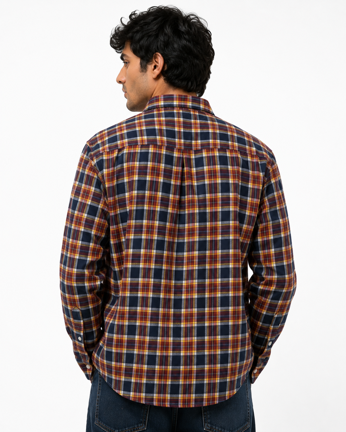 Men's Navy & Ochre Checked Western Yoke Shirt | Double Pocket Flannel Style