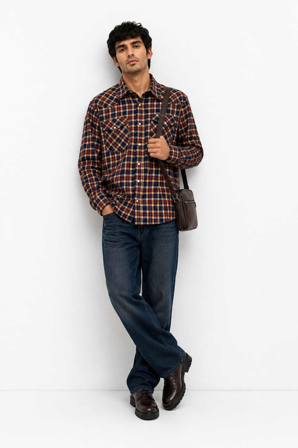 Men's Navy & Ochre Checked Western Yoke Shirt | Double Pocket Flannel Style