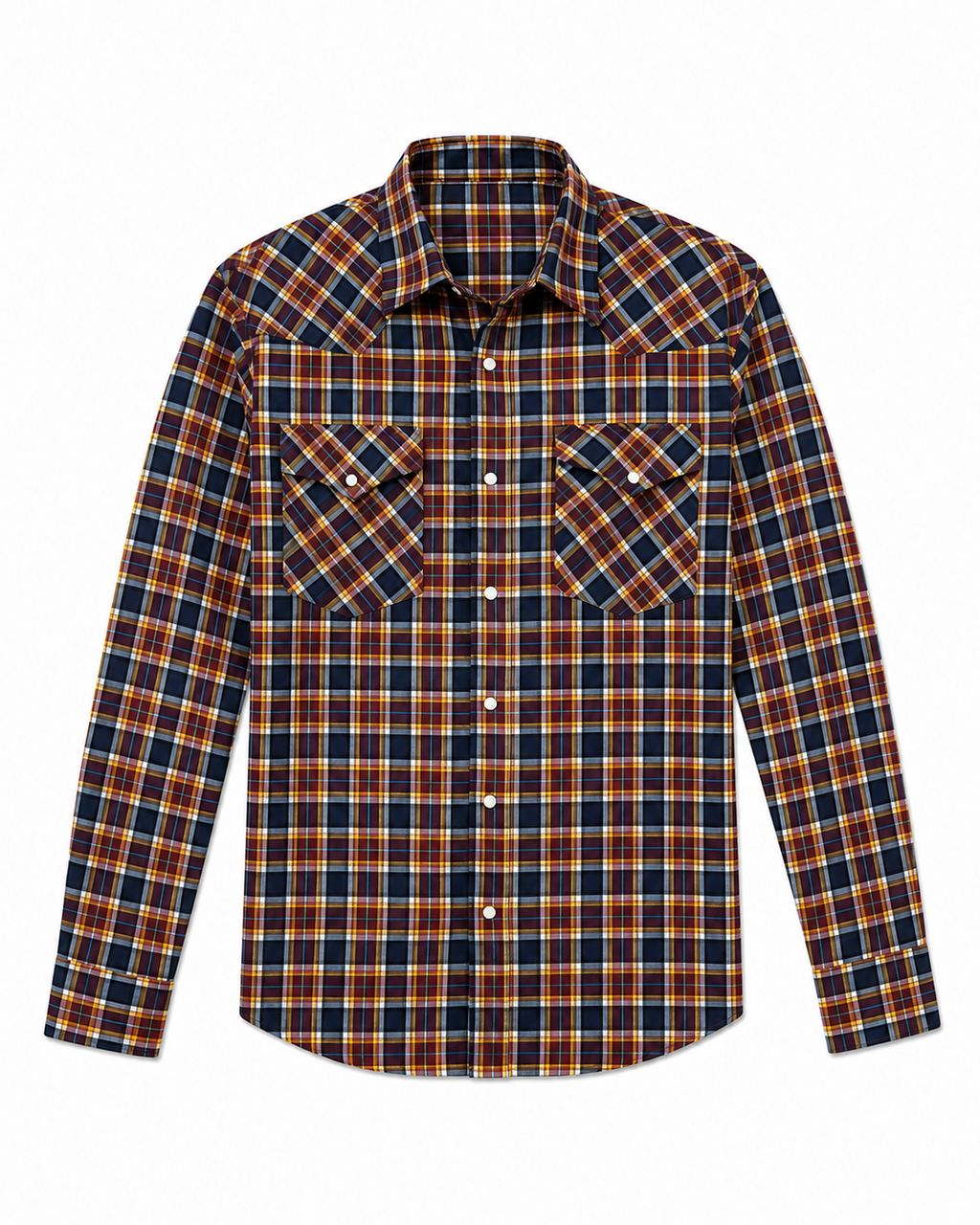 Men's Navy & Ochre Checked Western Yoke Shirt | Double Pocket Flannel Style
