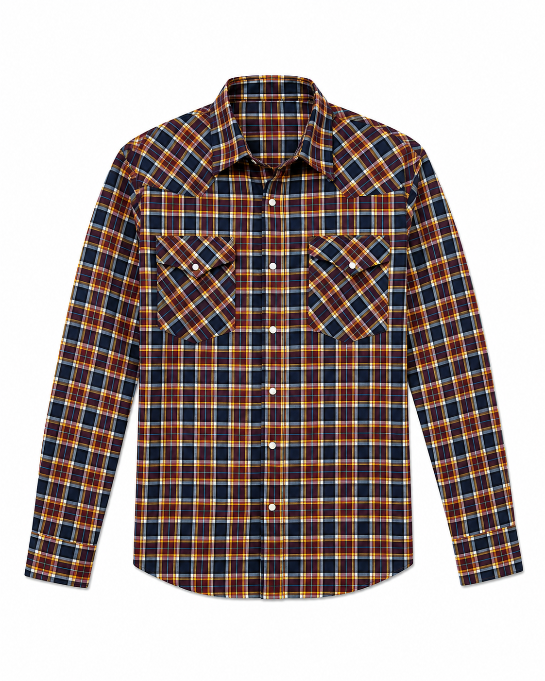 Men's Navy & Ochre Checked Western Yoke Shirt | Double Pocket Flannel Style