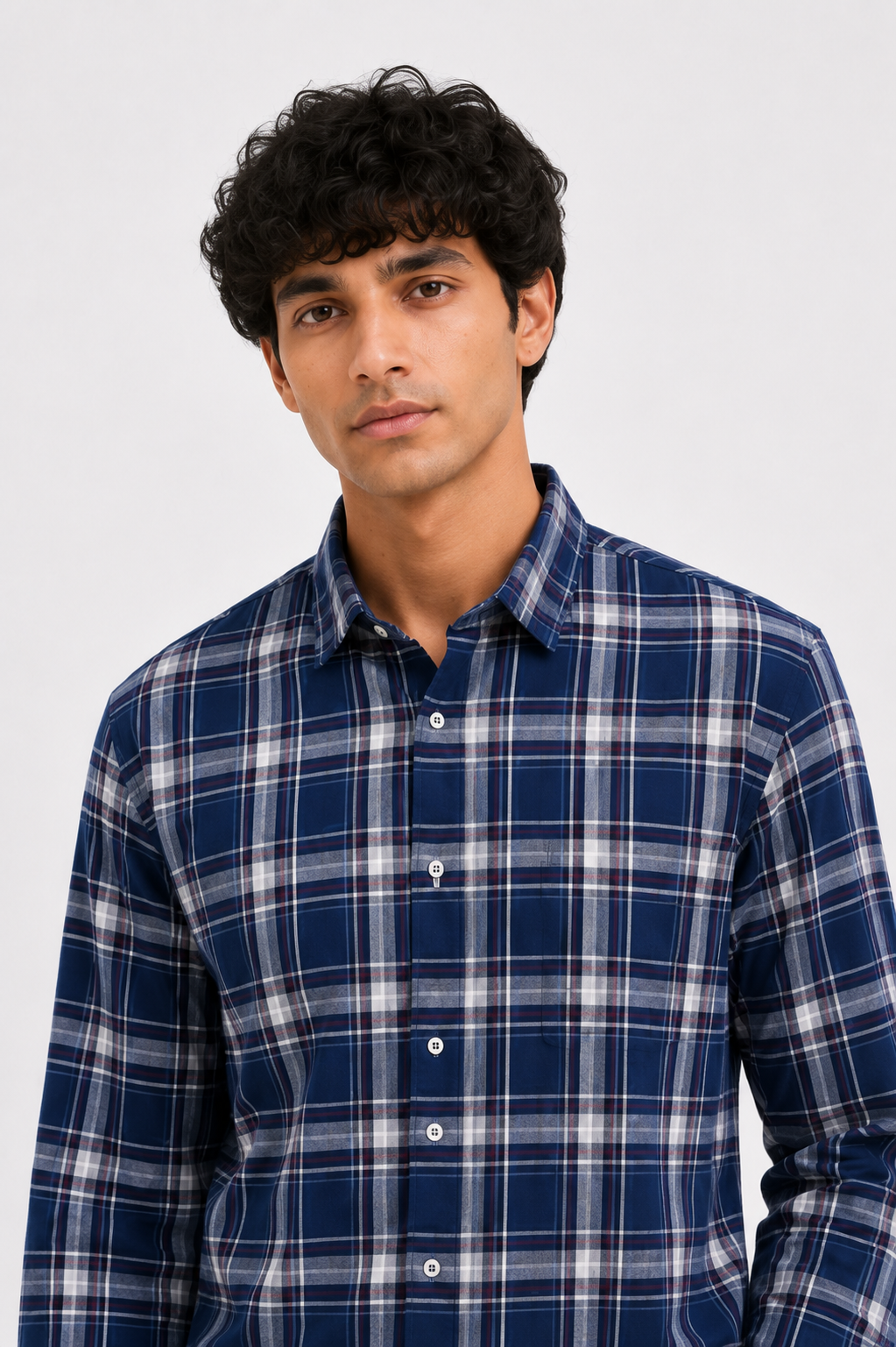 Men's Royal Blue & Off-White Tartan Check Shirt | Long Sleeve Casual Shirt
