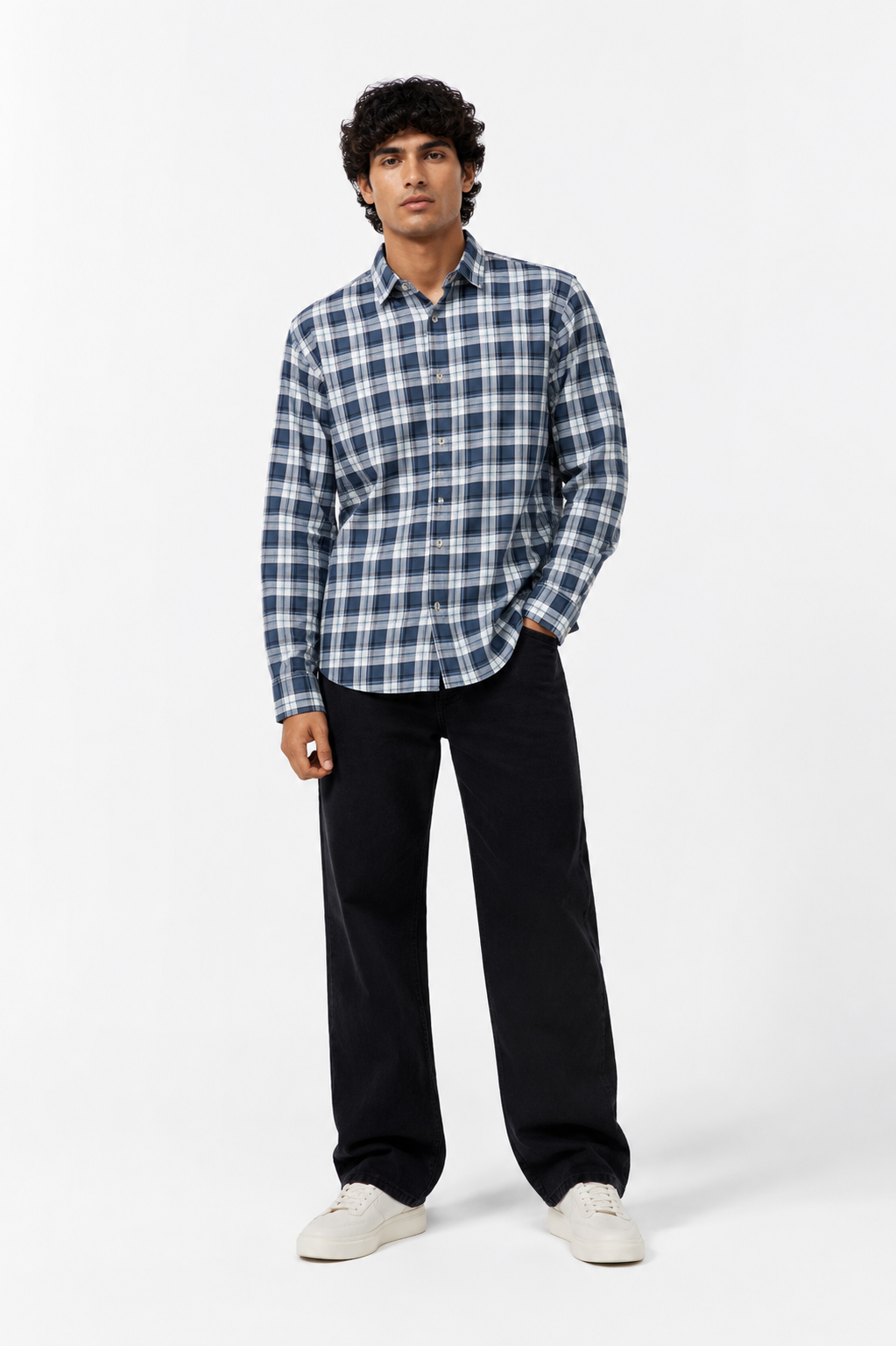 Classic Fit Navy Plaid Shirt with Spread Collar