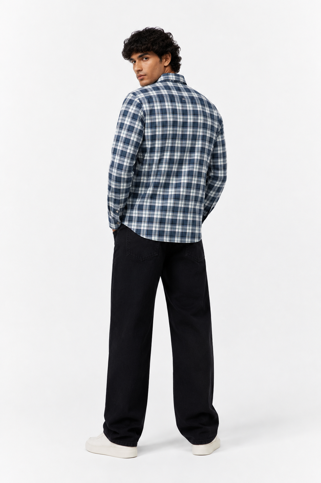 Classic Fit Navy Plaid Shirt with Spread Collar