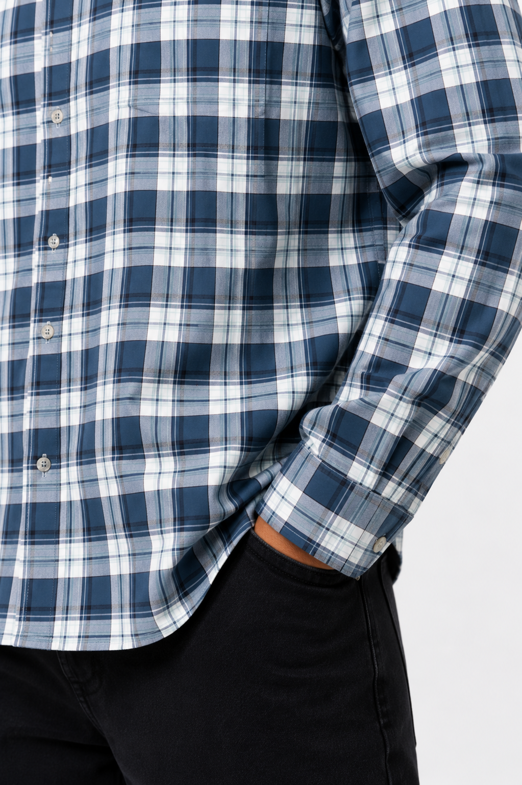Classic Fit Navy Plaid Shirt with Spread Collar