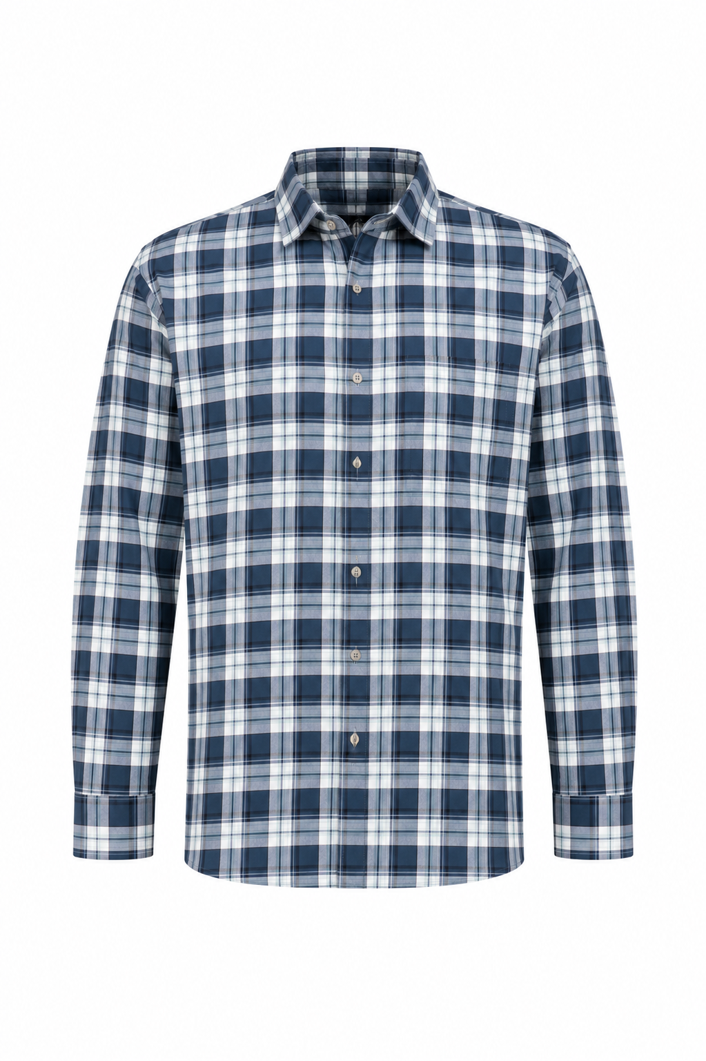 Classic Fit Navy Plaid Shirt with Spread Collar
