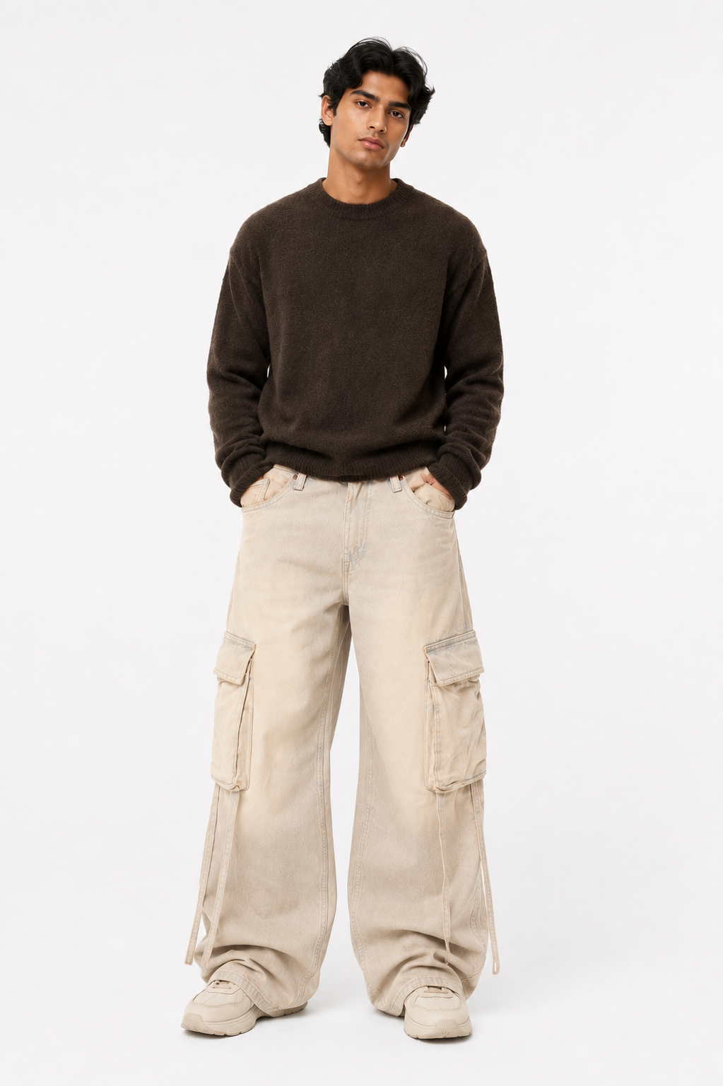 Men's Oversized Beige Baggy Cargo Jeans – Wide-Leg Pants with Hanging Straps