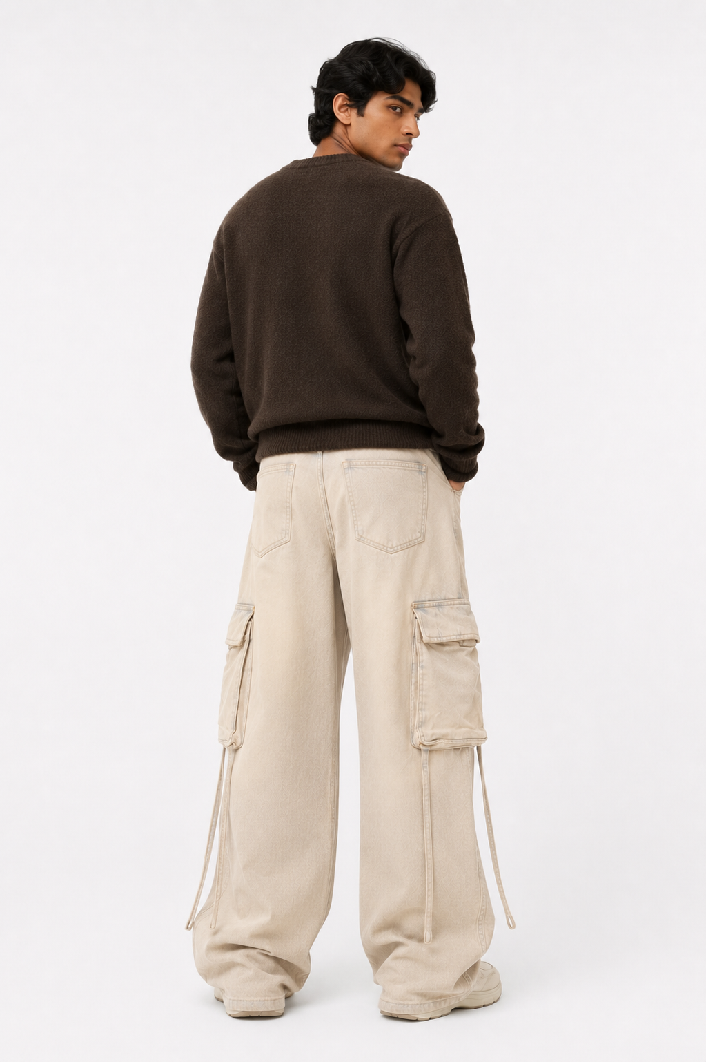 Men's Oversized Beige Baggy Cargo Jeans – Wide-Leg Pants with Hanging Straps