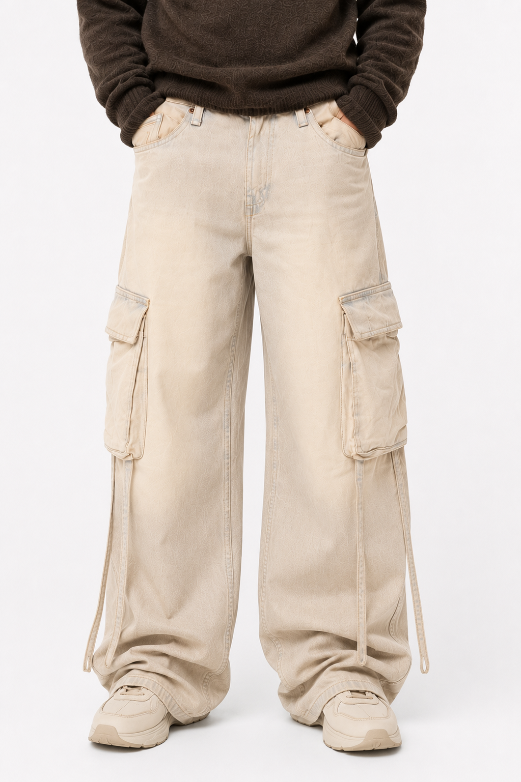 Men's Oversized Beige Baggy Cargo Jeans – Wide-Leg Pants with Hanging Straps