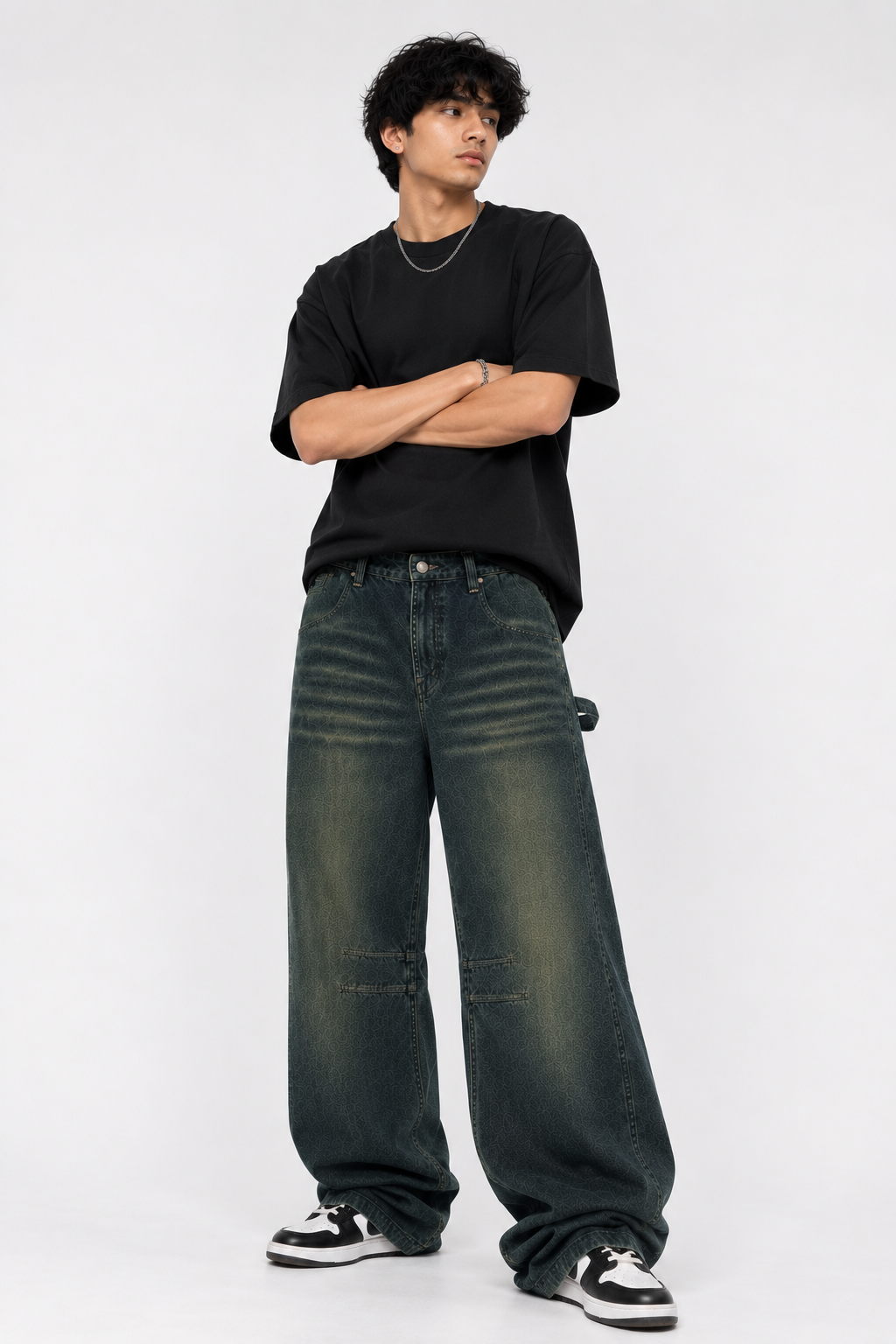 Men’s Super Baggy Acid Wash Carpenter Jeans – Vintage Dark Green