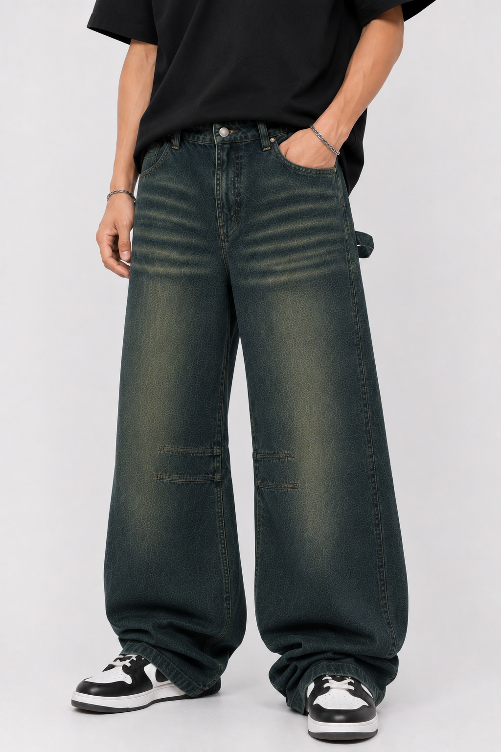 Men’s Super Baggy Acid Wash Carpenter Jeans – Vintage Dark Green