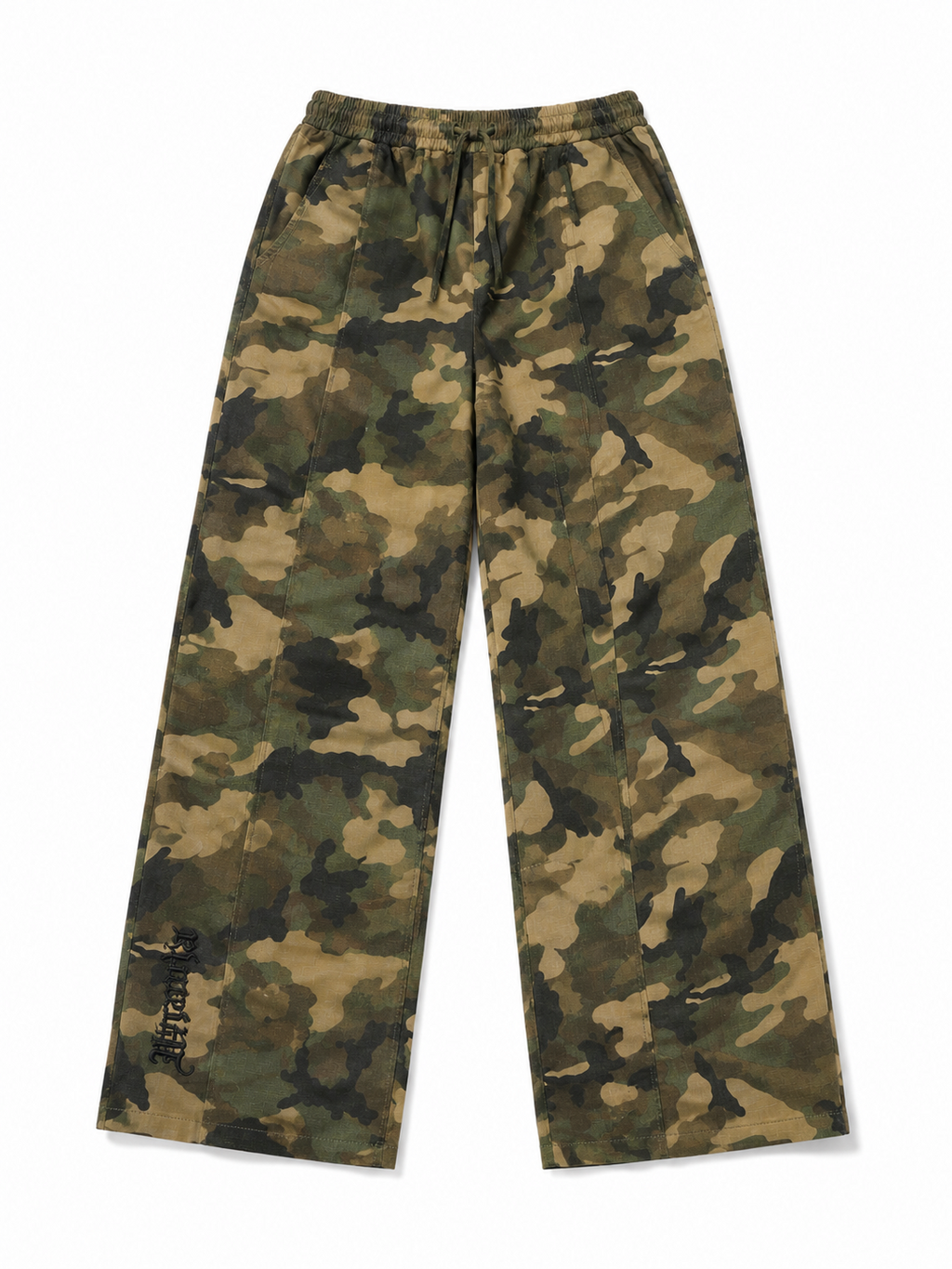 Men’s Camouflage Wide-Leg Streetwear Trousers – Olive Green