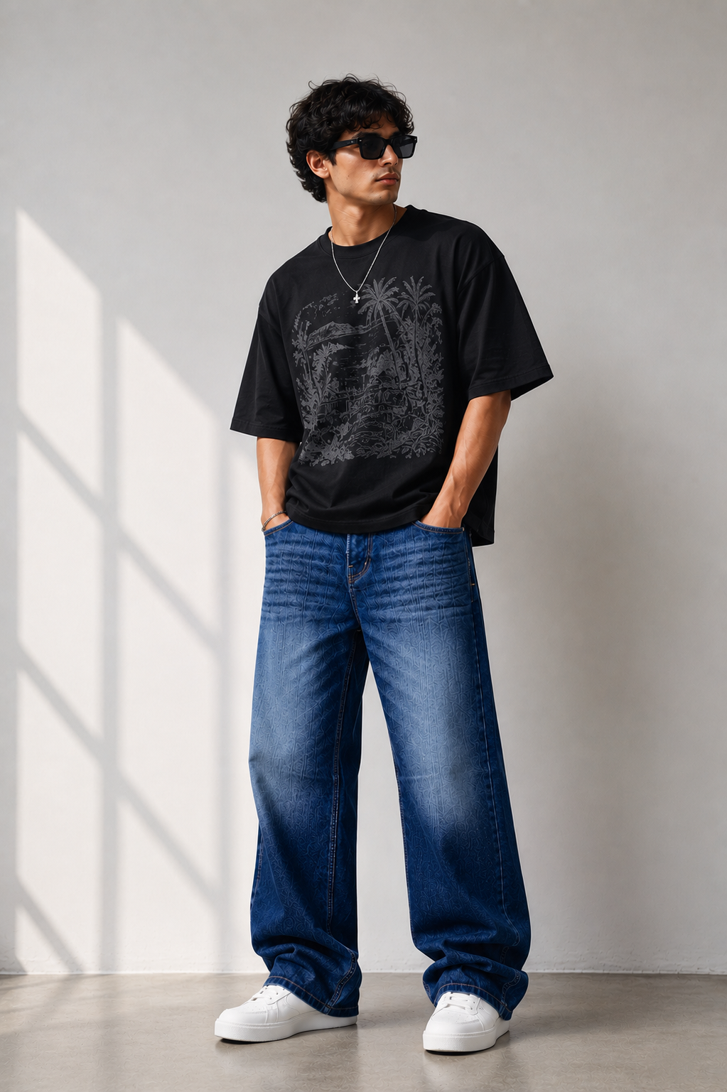 Streetwear Baggy Straight-Leg Jeans with Laser Print