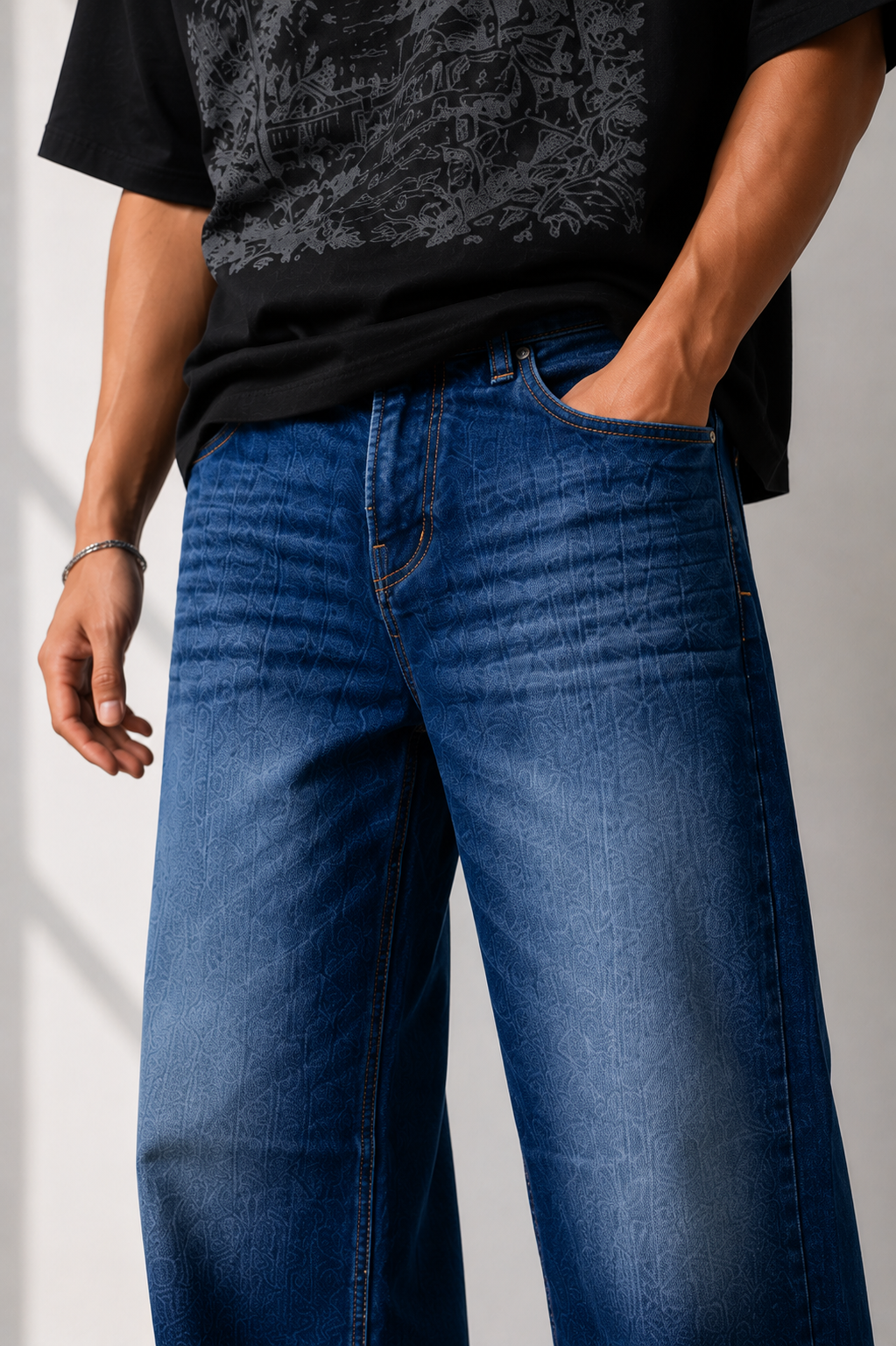 Streetwear Baggy Straight-Leg Jeans with Laser Print