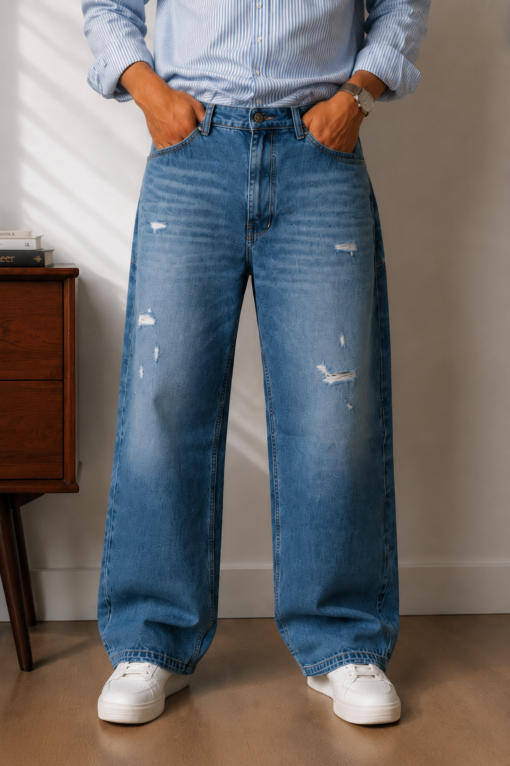 Men’s Y2K Ripped & Washed Baggy Straight Jeans