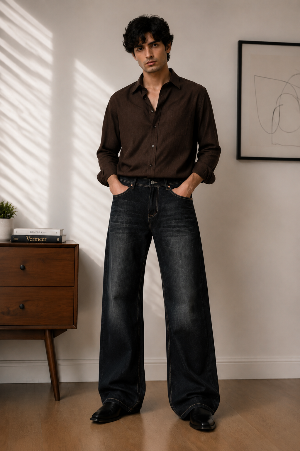 Dark Wash Wide Bootcut Denim Jeans for Men