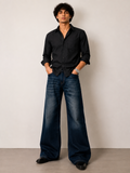 Men's Loose Fit Washed Dark Blue Bootcut Denim Pants