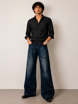 Men's Loose Fit Washed Dark Blue Bootcut Denim Pants