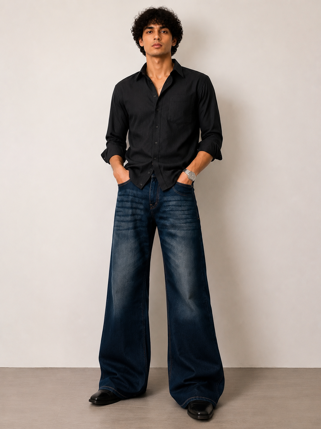 Men's Loose Fit Washed Dark Blue Bootcut Denim Pants