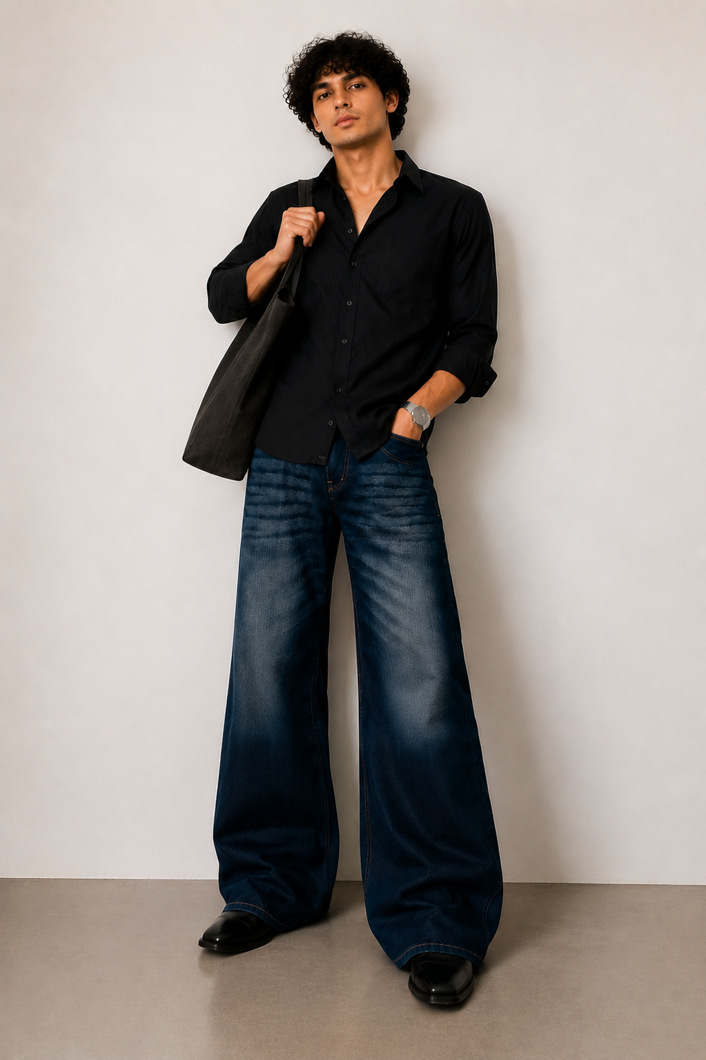 Men's Loose Fit Washed Dark Blue Bootcut Denim Pants