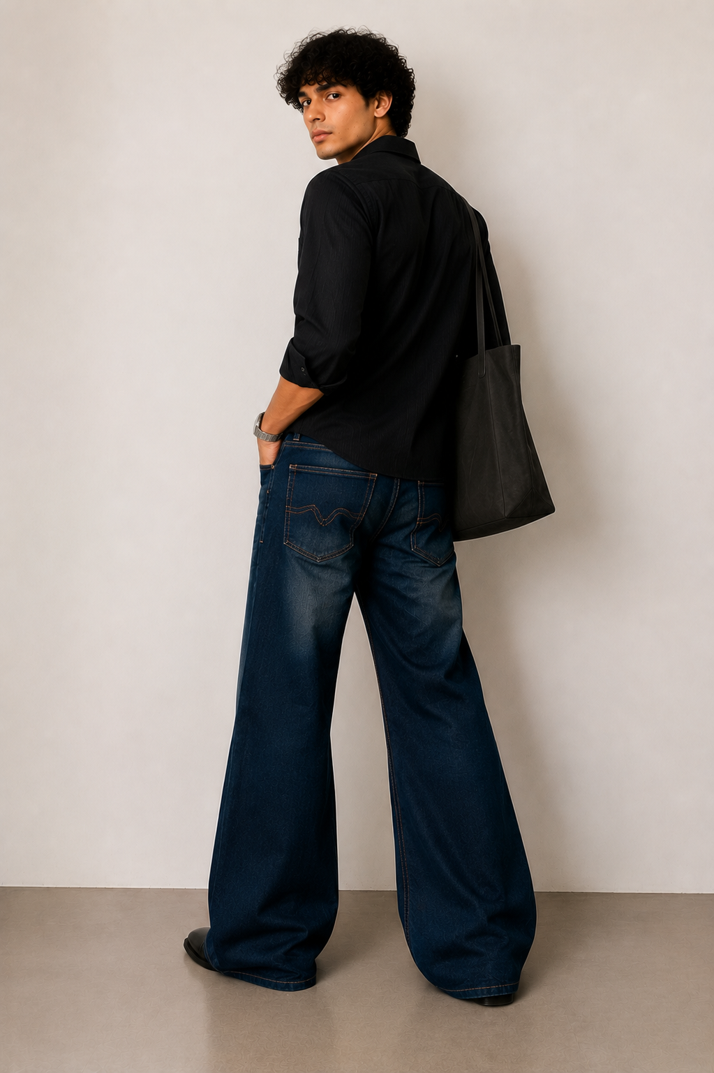 Men's Loose Fit Washed Dark Blue Bootcut Denim Pants