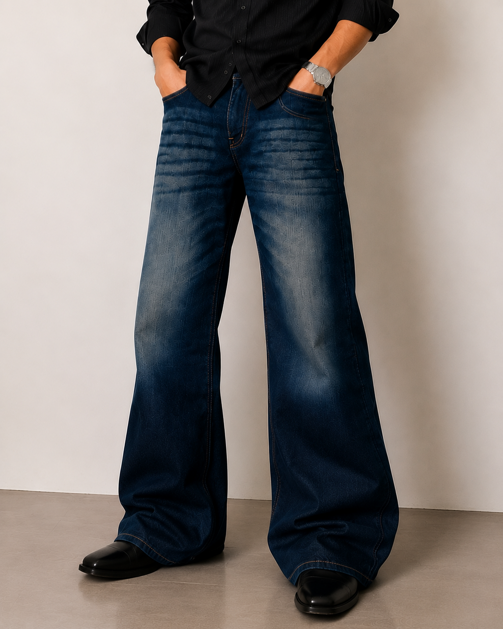 Men's Loose Fit Washed Dark Blue Bootcut Denim Pants
