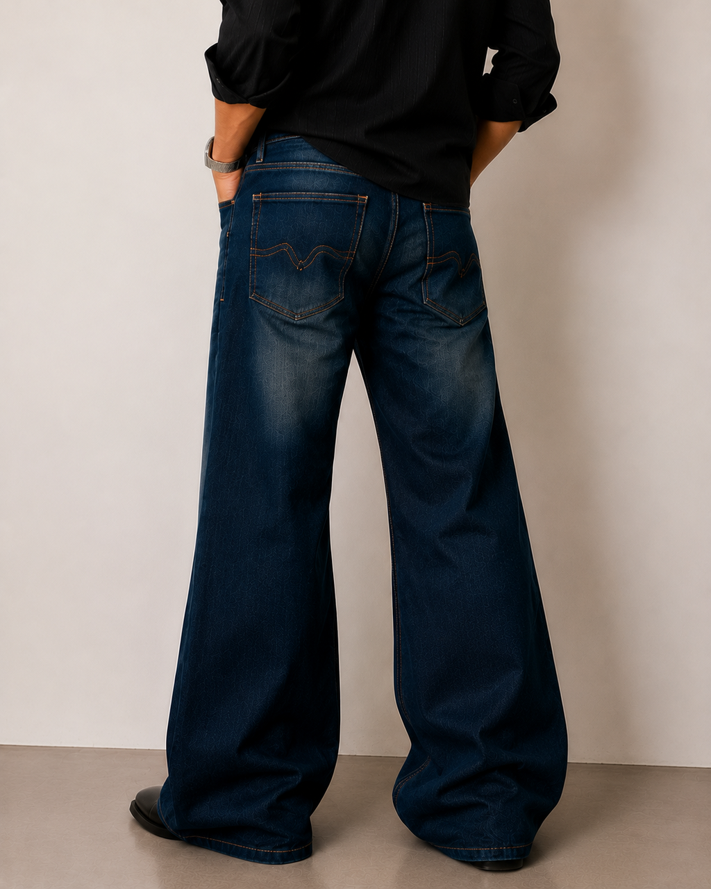 Men's Loose Fit Washed Dark Blue Bootcut Denim Pants