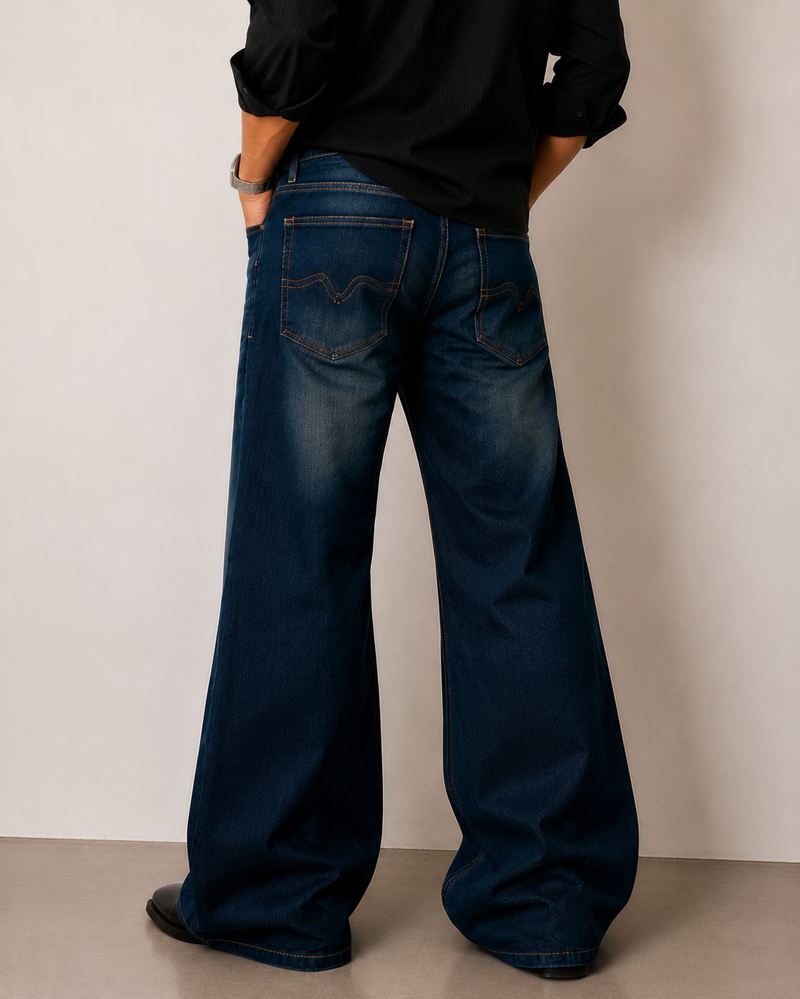 Men's Loose Fit Washed Dark Blue Bootcut Denim Pants