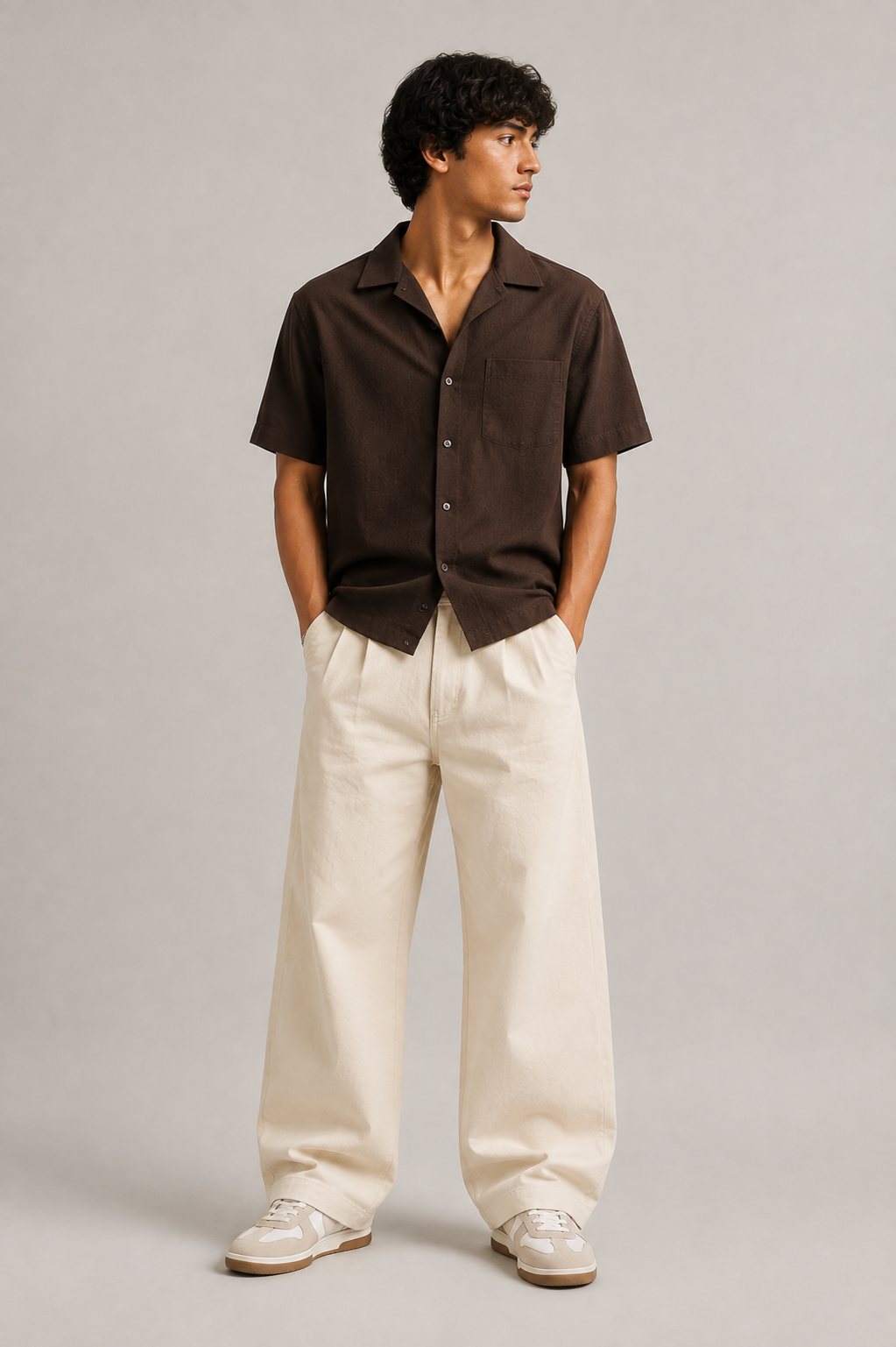 Men's Off-White Pleated Wide-Leg Baggy Jeans