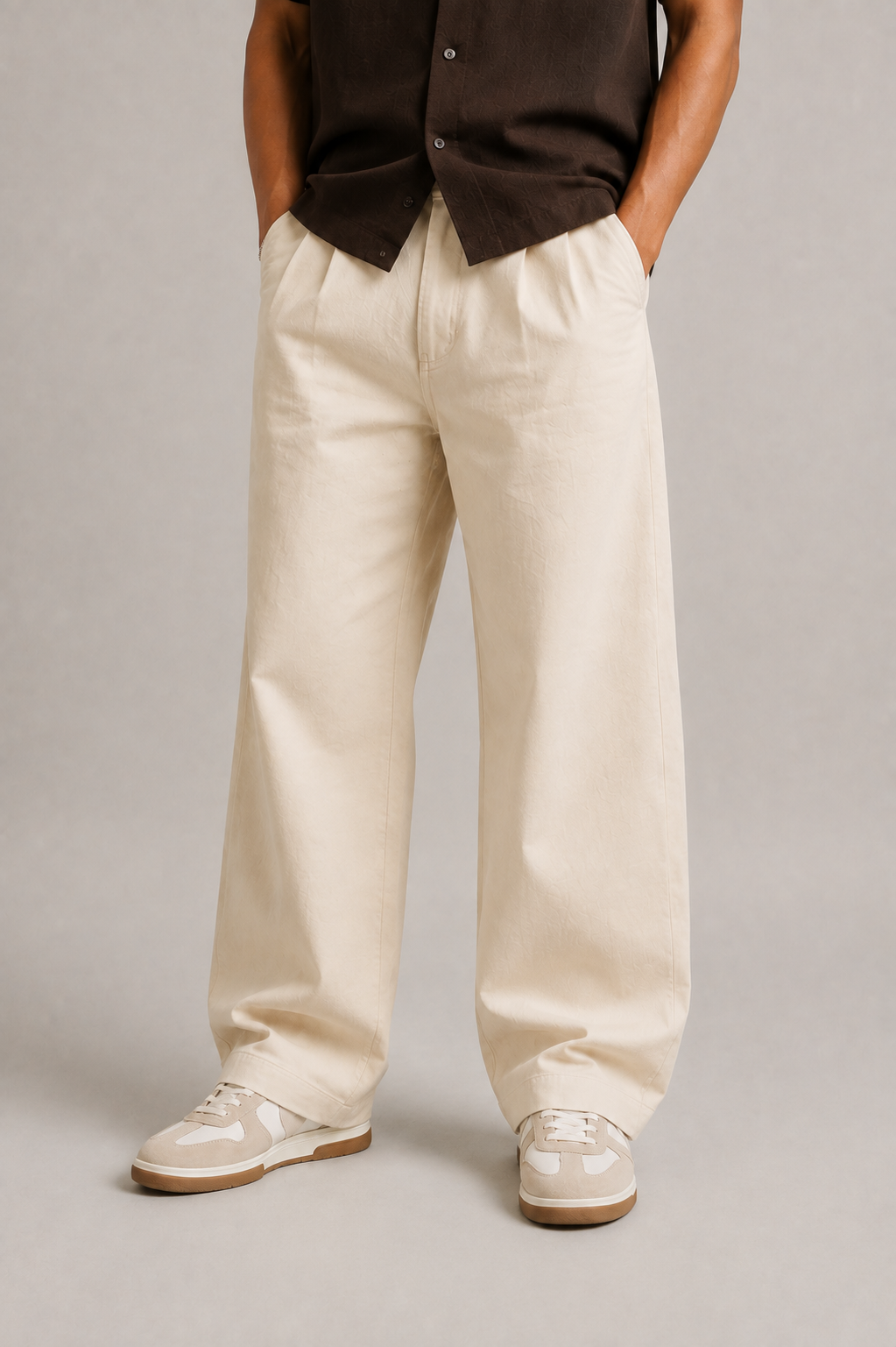 Men's Off-White Pleated Wide-Leg Baggy Jeans