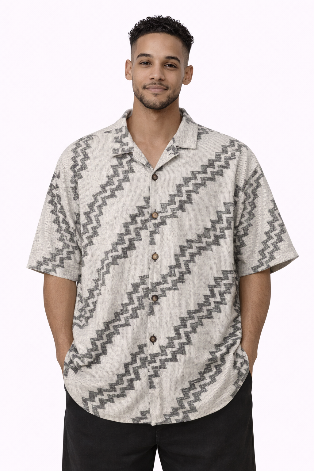 Men's Off-White & Charcoal Jute Zigzag Pattern Shirt