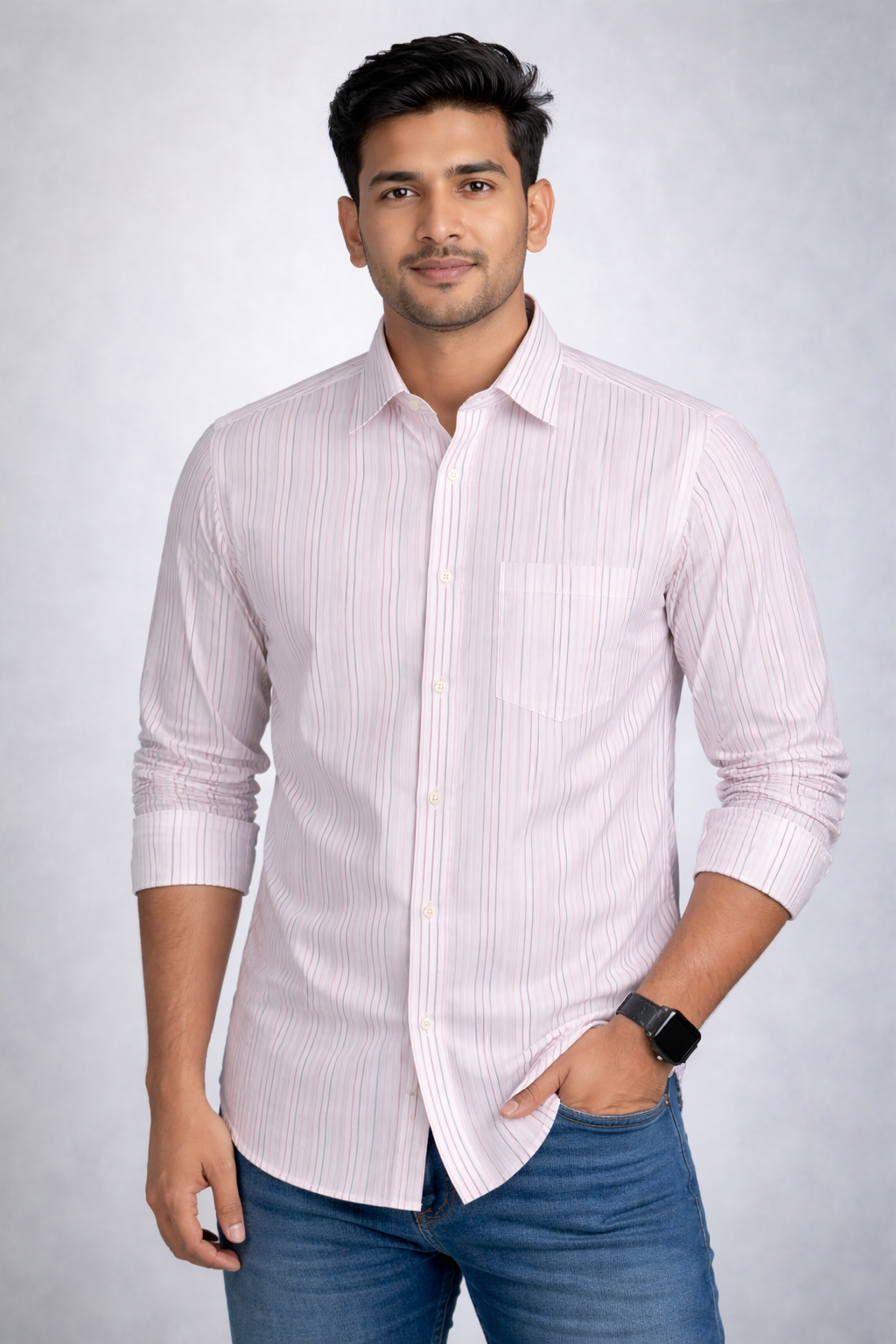 Men's Classic White & Pink Striped Formal Shirt
