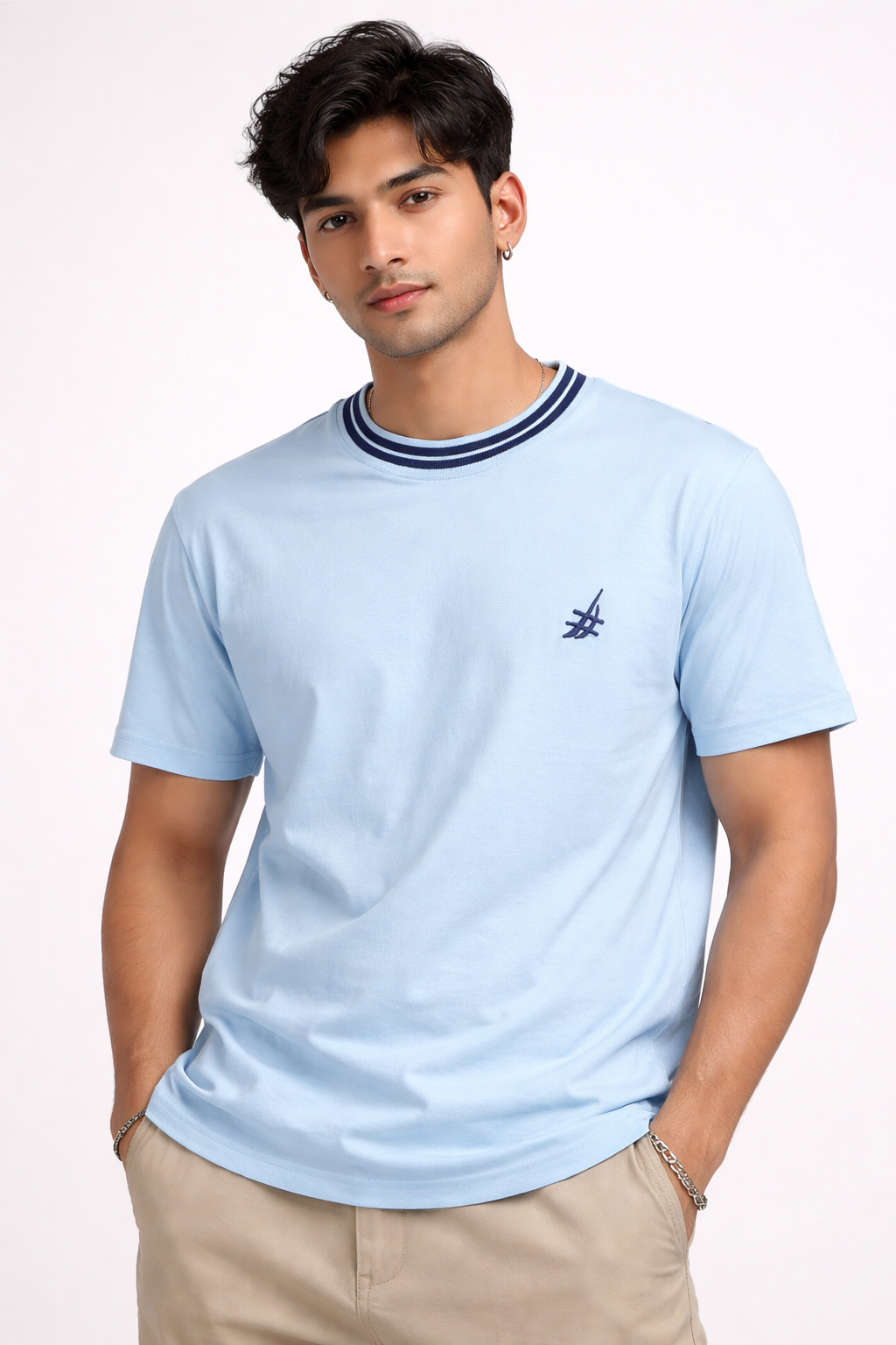 Nautical Breeze – Sky Blue T-Shirt with Contrast Ribbed Collar