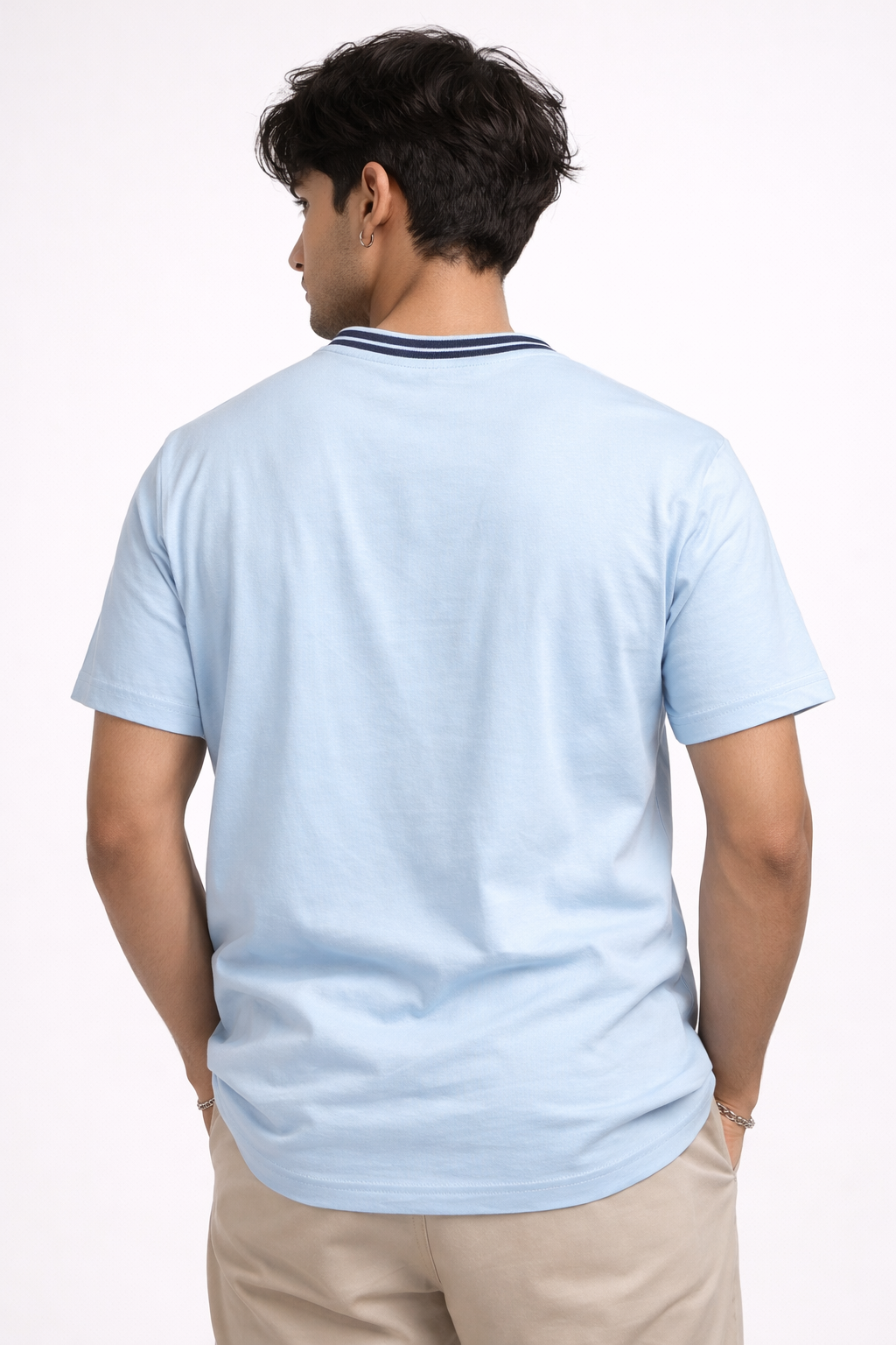 Nautical Breeze – Sky Blue T-Shirt with Contrast Ribbed Collar