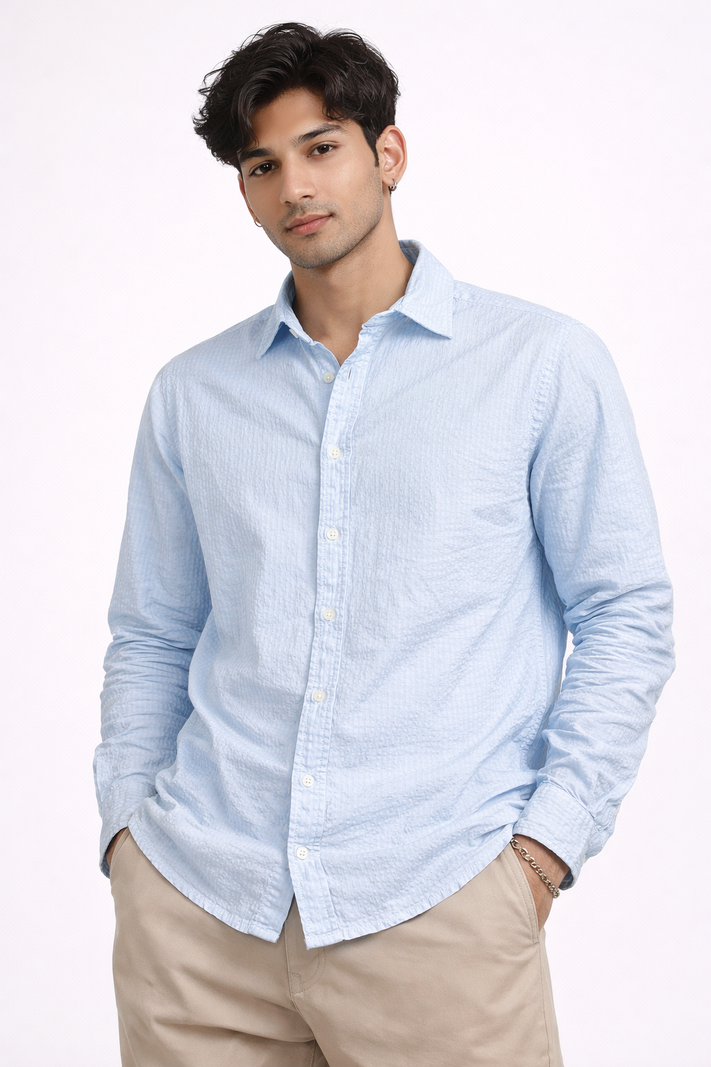 Coastal Calm – Light Blue Seersucker Button-Down
