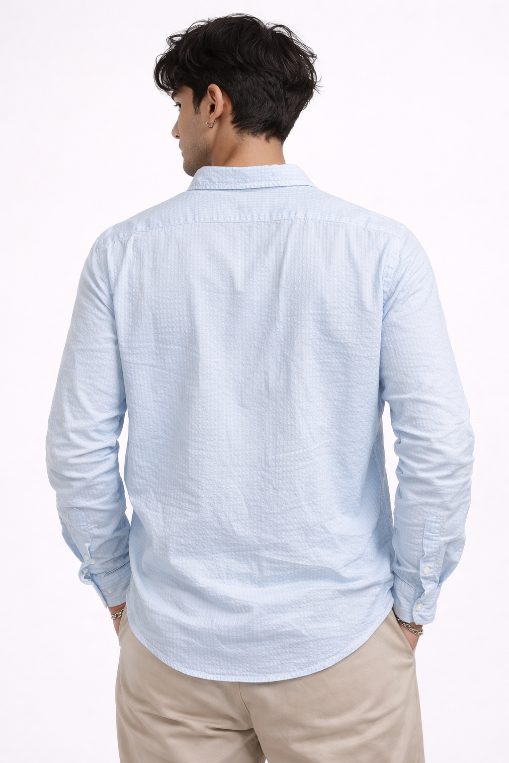Coastal Calm – Light Blue Seersucker Button-Down