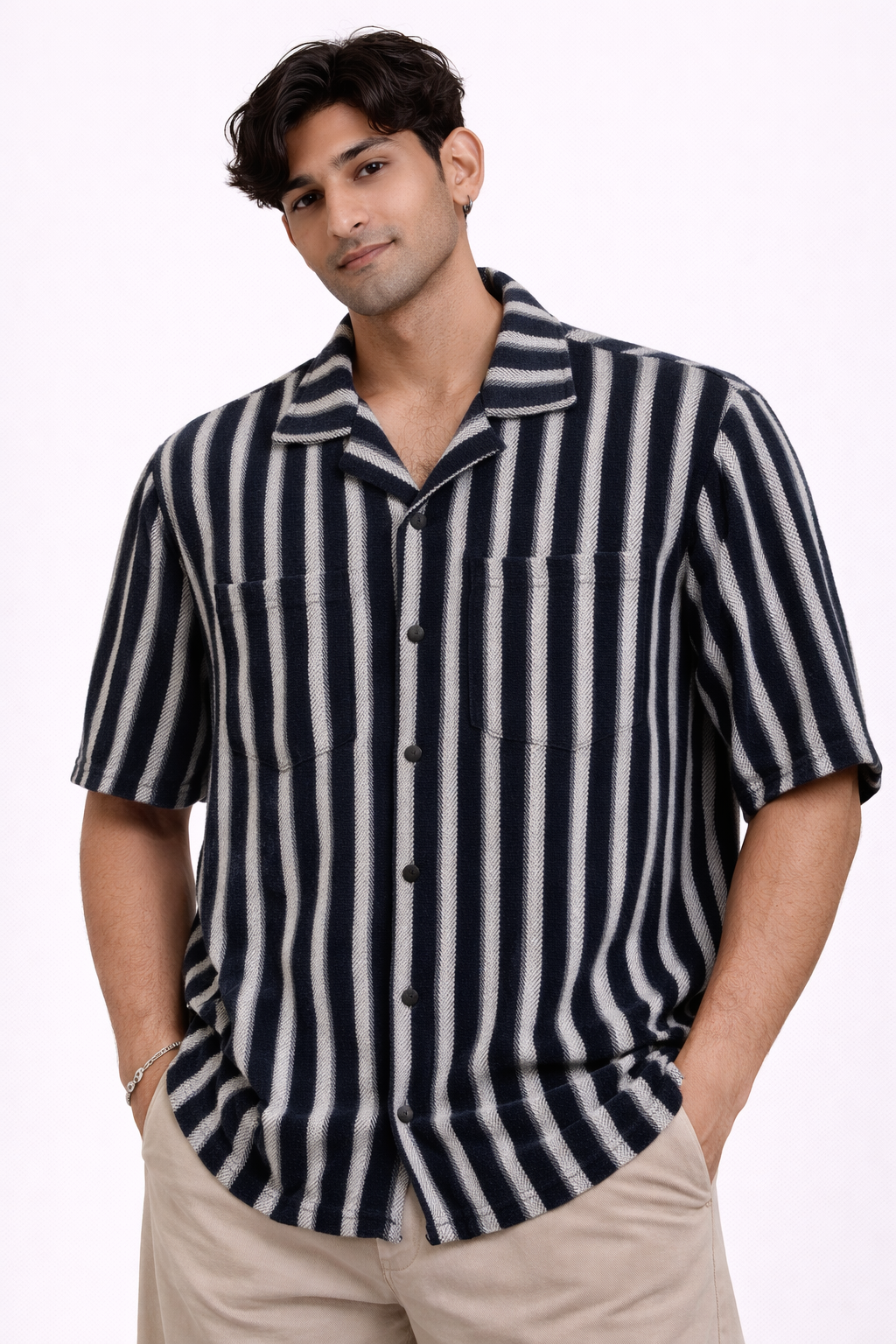 Men’s Retro Vertical Stripe Camp Collar Shirt