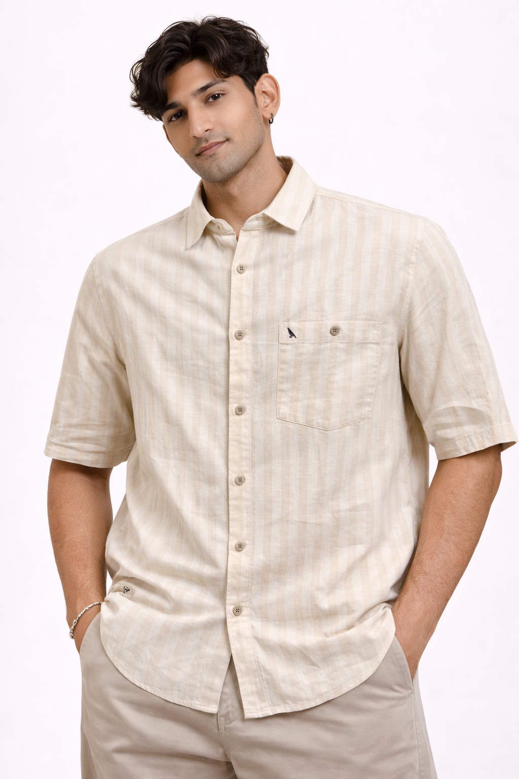 Men’s Cream Tonal-Stripe Linen-Blend Shirt